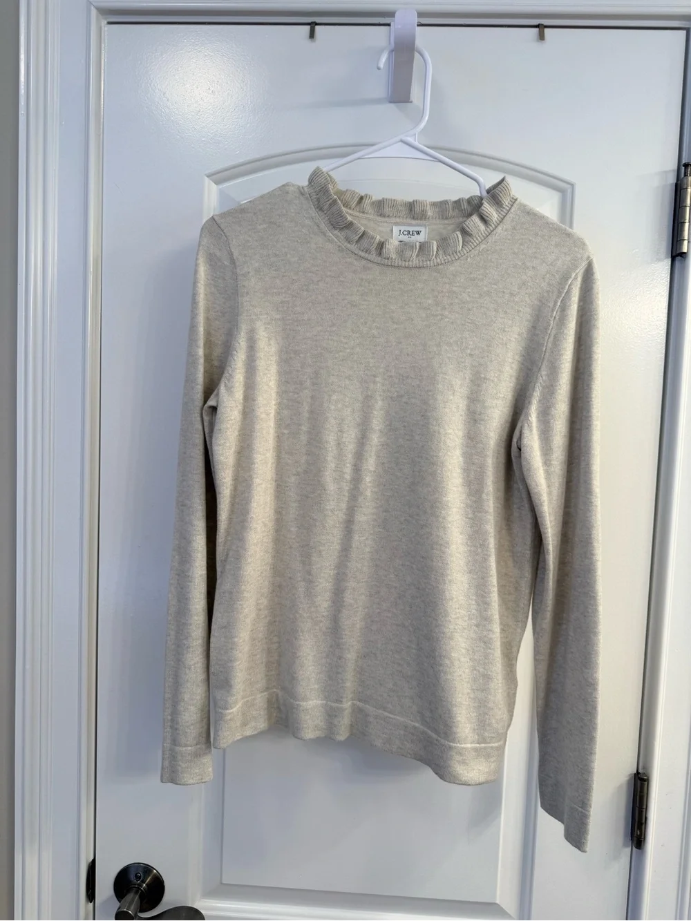 J. Crew Light Cream Ruffle-Trim Crew Neck Sweater